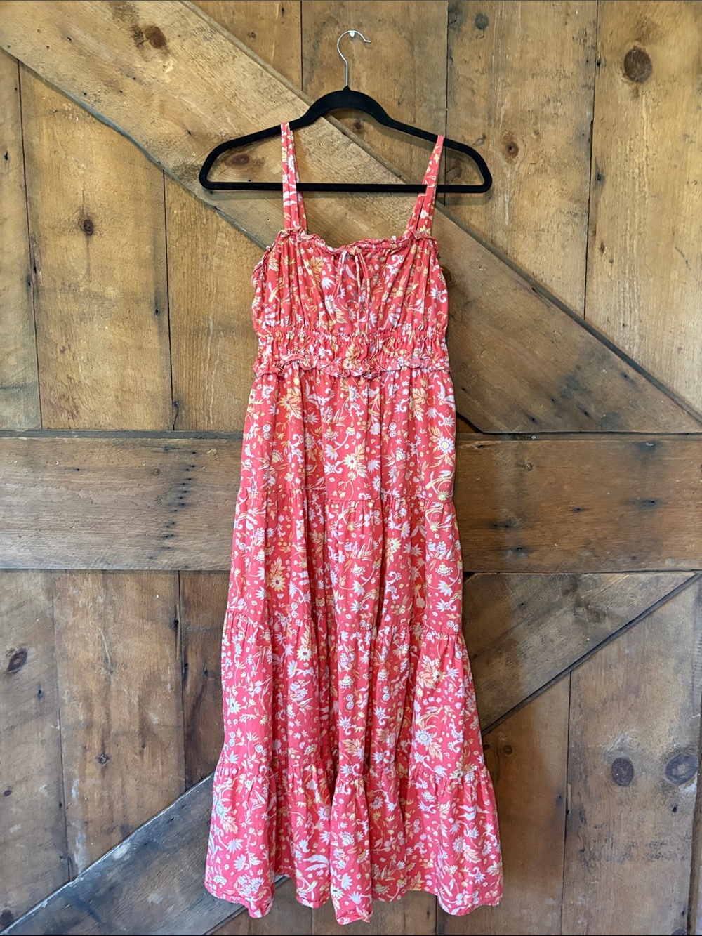 J. Crew Coral Pink Floral Cotton Maxi Dress Smocked Tiered Pockets S